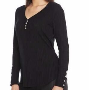 Chaser Long Sleeve Scoop Neck Henley with Button Cuffs Black Medium M NWT NEW